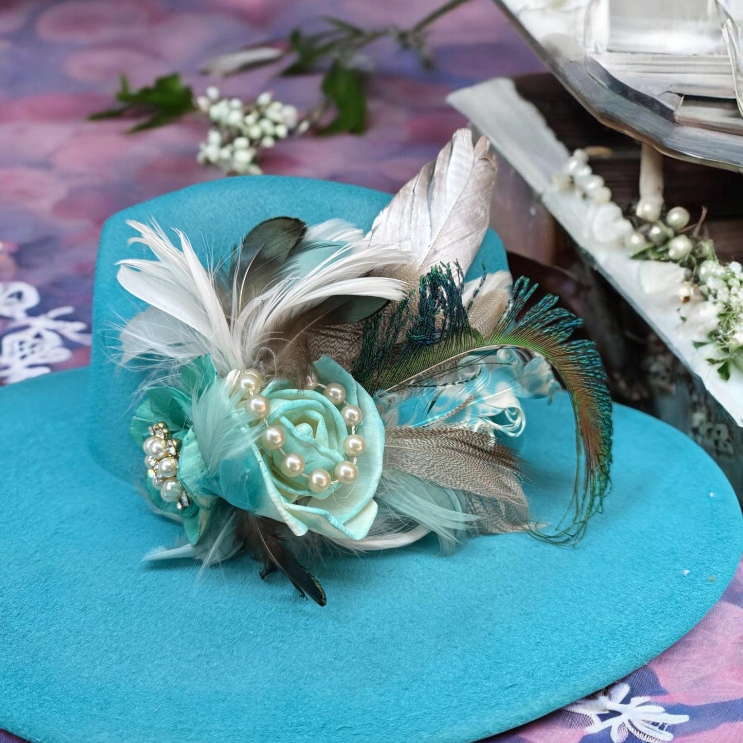 Breakfast at Tiffanys Hat Fascinator - Turquoise and Tinsel-Home of Mad Gringa Hat Bar