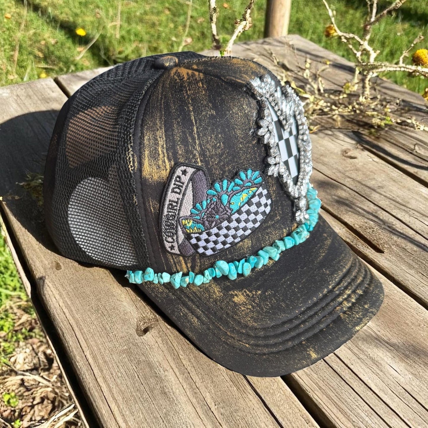 Cowgirl Dip Trucker Hat - Turquoise and Tinsel-Home of Mad Gringa Hat Bar