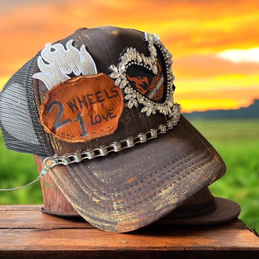 2 Wheels 1 Love Harley Trucker Hat - Turquoise and Tinsel-Home of Mad Gringa Hat Bar