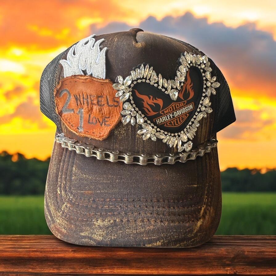 2 Wheels 1 Love Harley Trucker Hat - Turquoise and Tinsel-Home of Mad Gringa Hat Bar