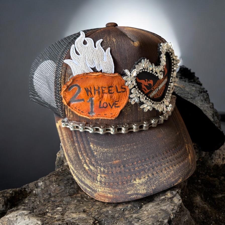 2 Wheels 1 Love Harley Trucker Hat - Turquoise and Tinsel-Home of Mad Gringa Hat Bar