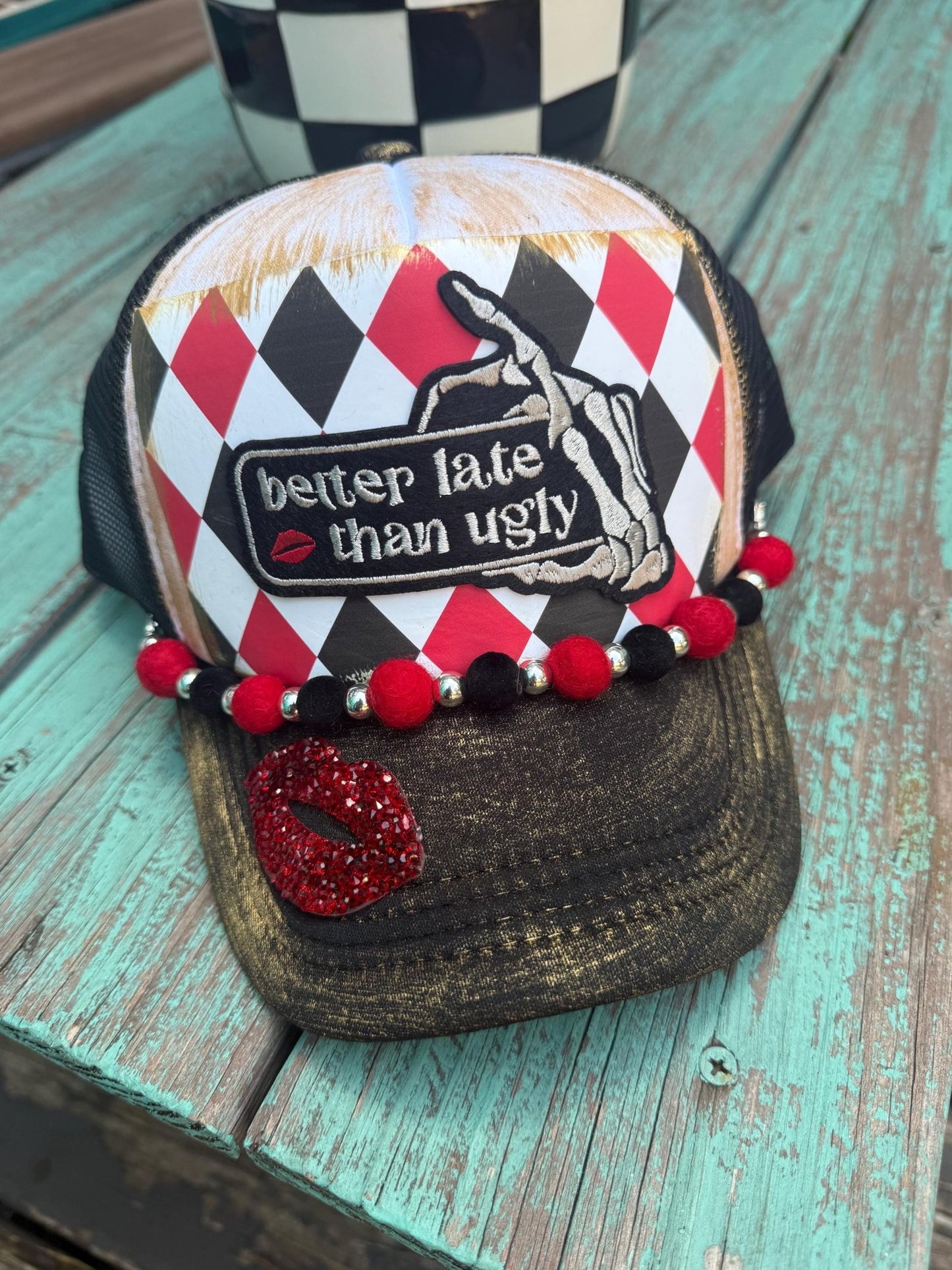 Better Late Than Ugly Trucker Hat - Turquoise and Tinsel-Home of Mad Gringa Hat Bar
