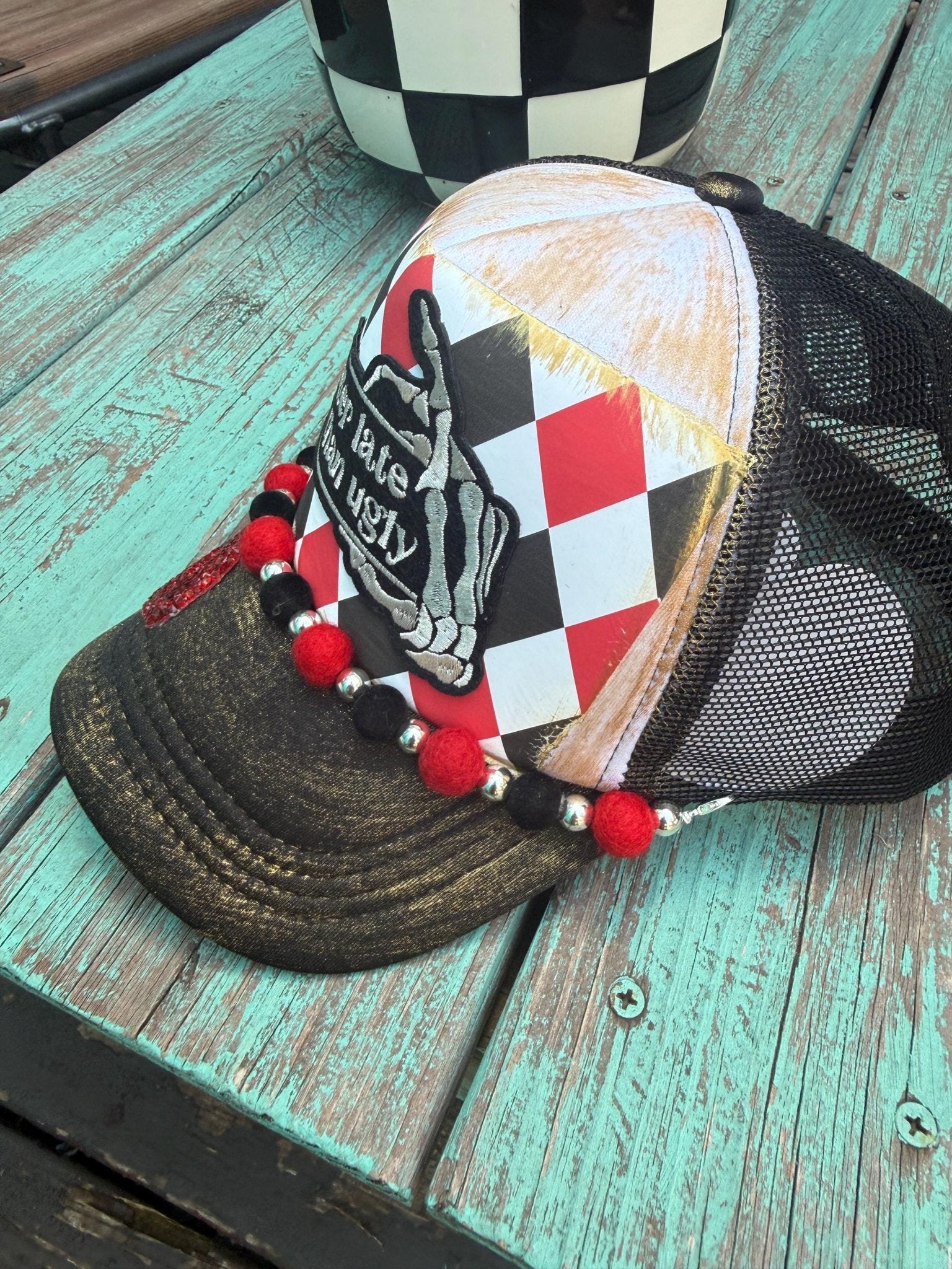 Better Late Than Ugly Trucker Hat - Turquoise and Tinsel-Home of Mad Gringa Hat Bar