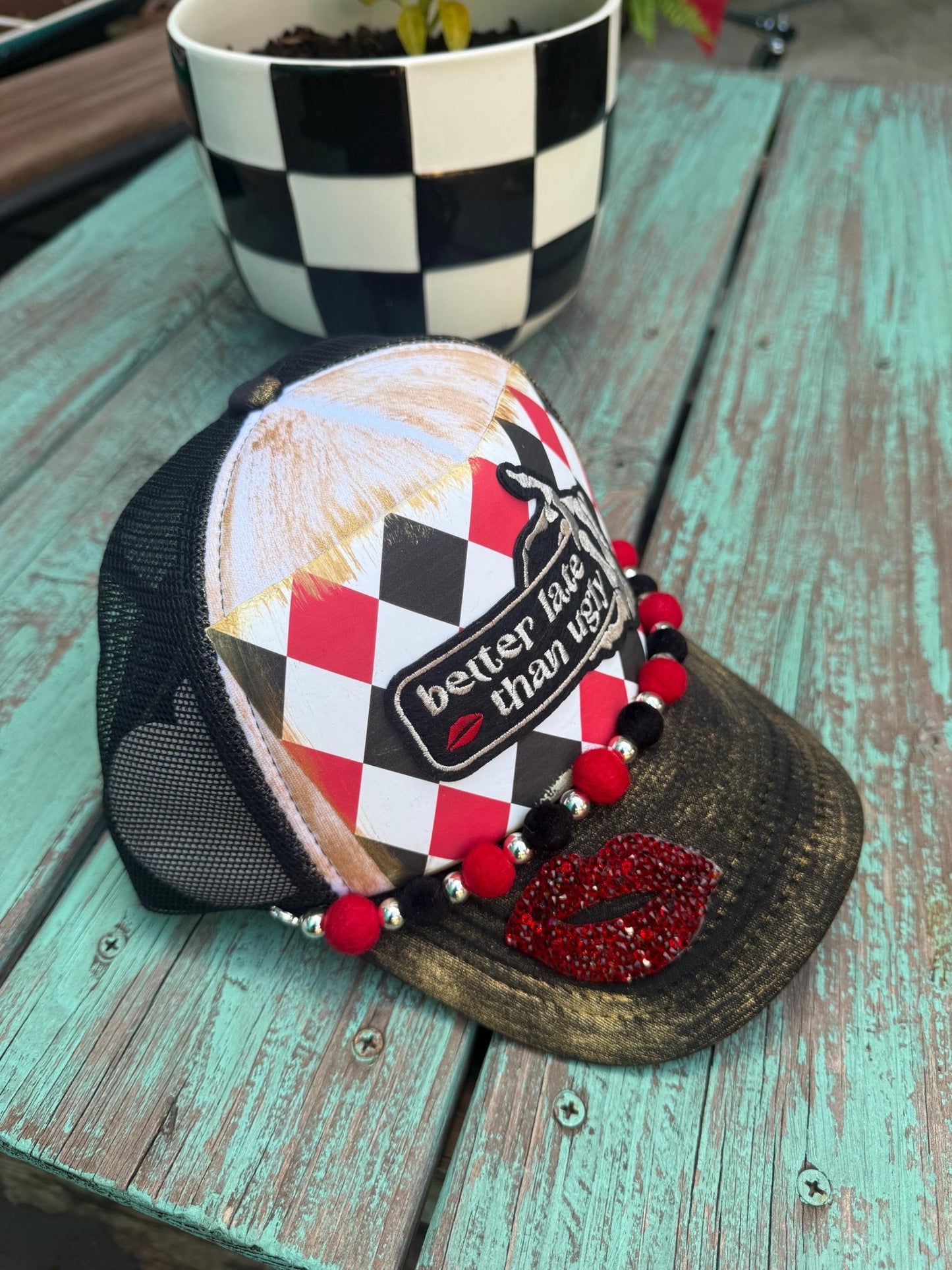 Better Late Than Ugly Trucker Hat - Turquoise and Tinsel-Home of Mad Gringa Hat Bar