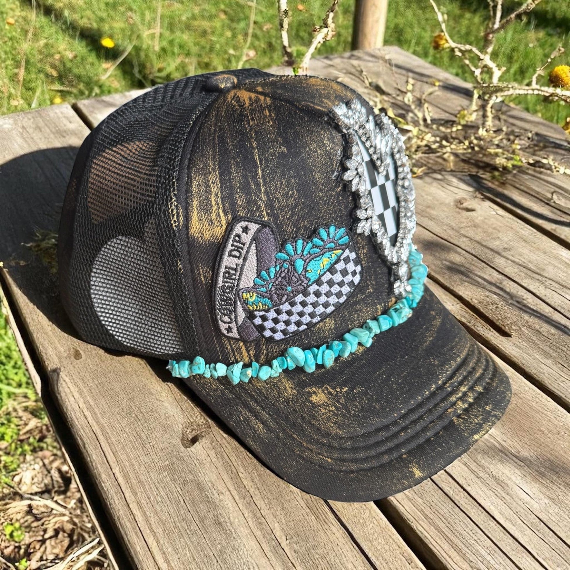 Cowgirl Dip Trucker Hat - Turquoise and Tinsel-Home of Mad Gringa Hat Bar