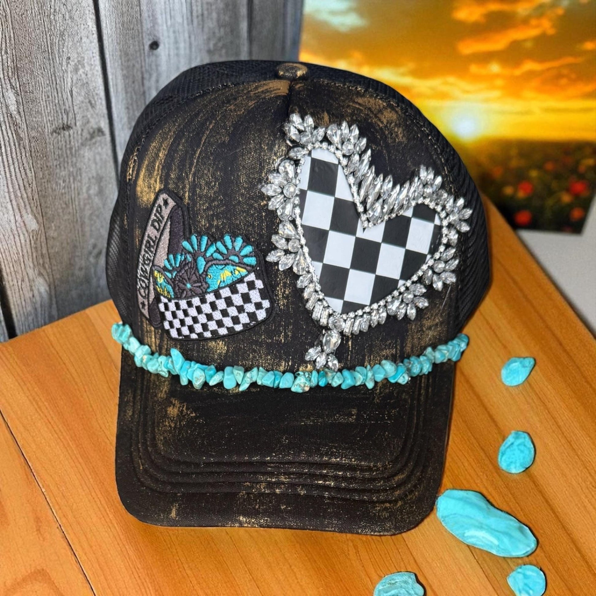 Cowgirl Dip Trucker Hat - Turquoise and Tinsel-Home of Mad Gringa Hat Bar