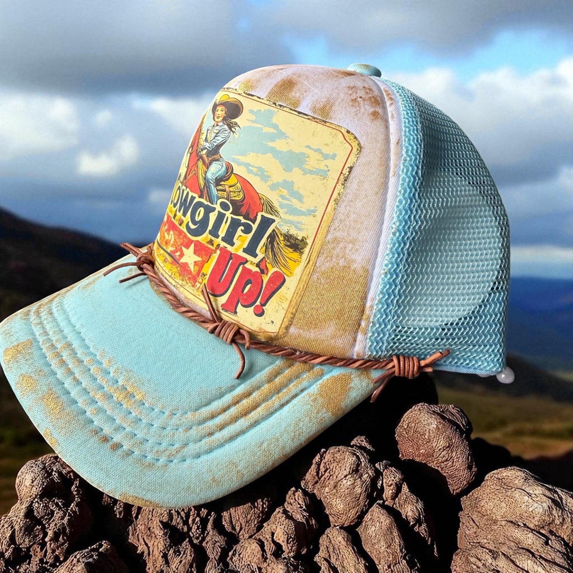 Cowgirl Up! Trucker Hat 2 - Turquoise and Tinsel-Home of Mad Gringa Hat Bar