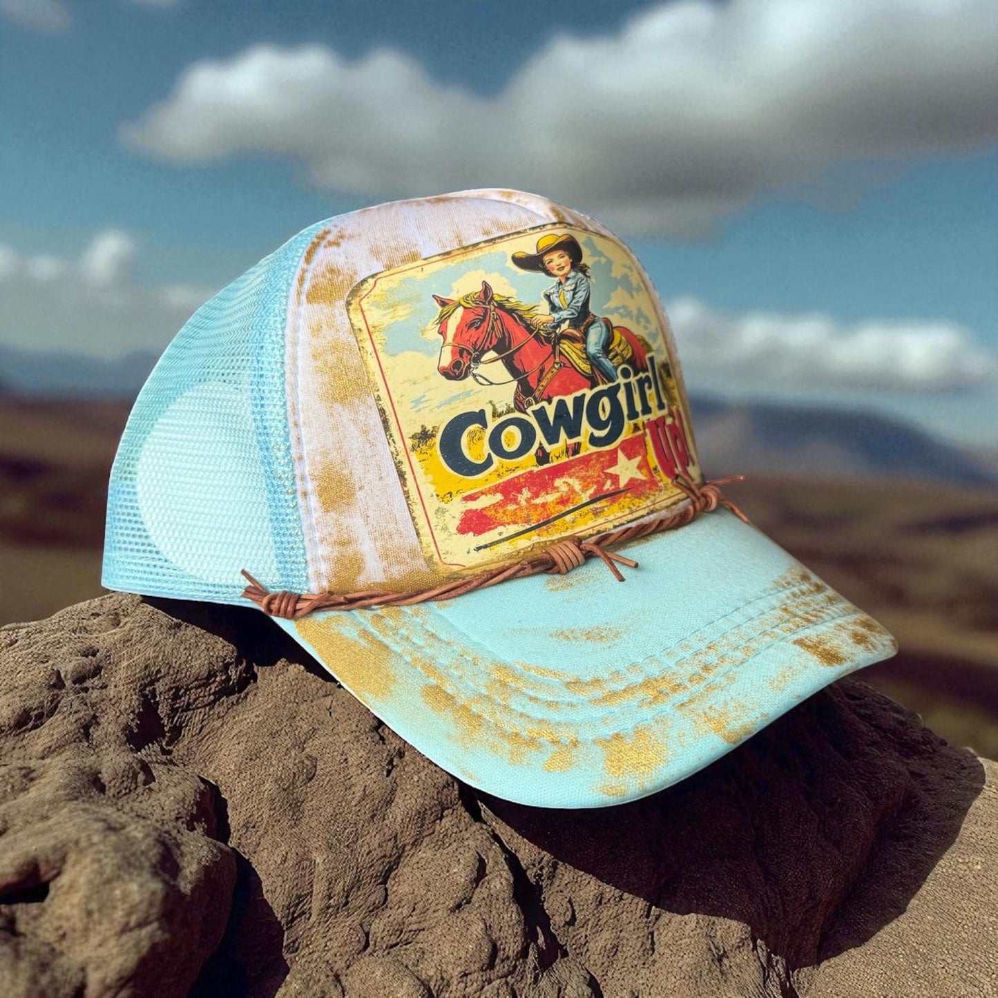 Cowgirl Up! Trucker Hat 2 - Turquoise and Tinsel-Home of Mad Gringa Hat Bar