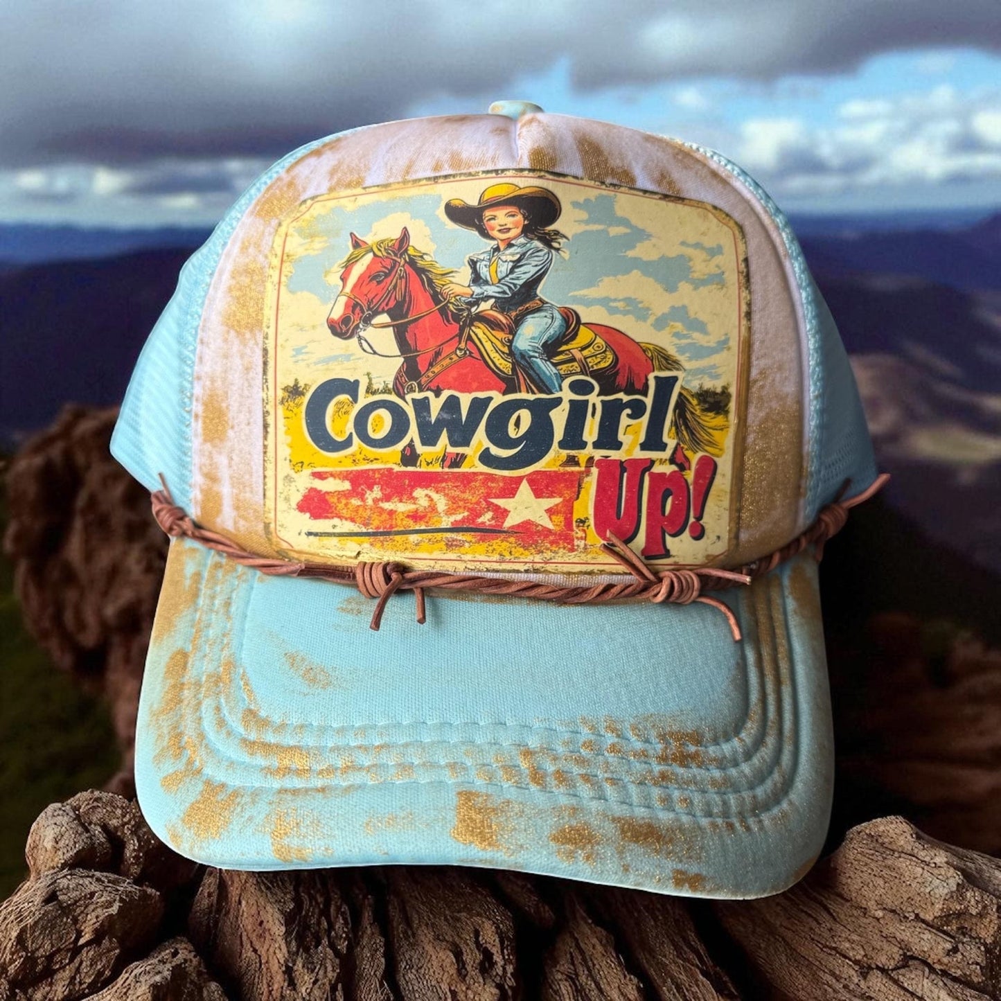 Cowgirl Up! Trucker Hat 2 - Turquoise and Tinsel-Home of Mad Gringa Hat Bar