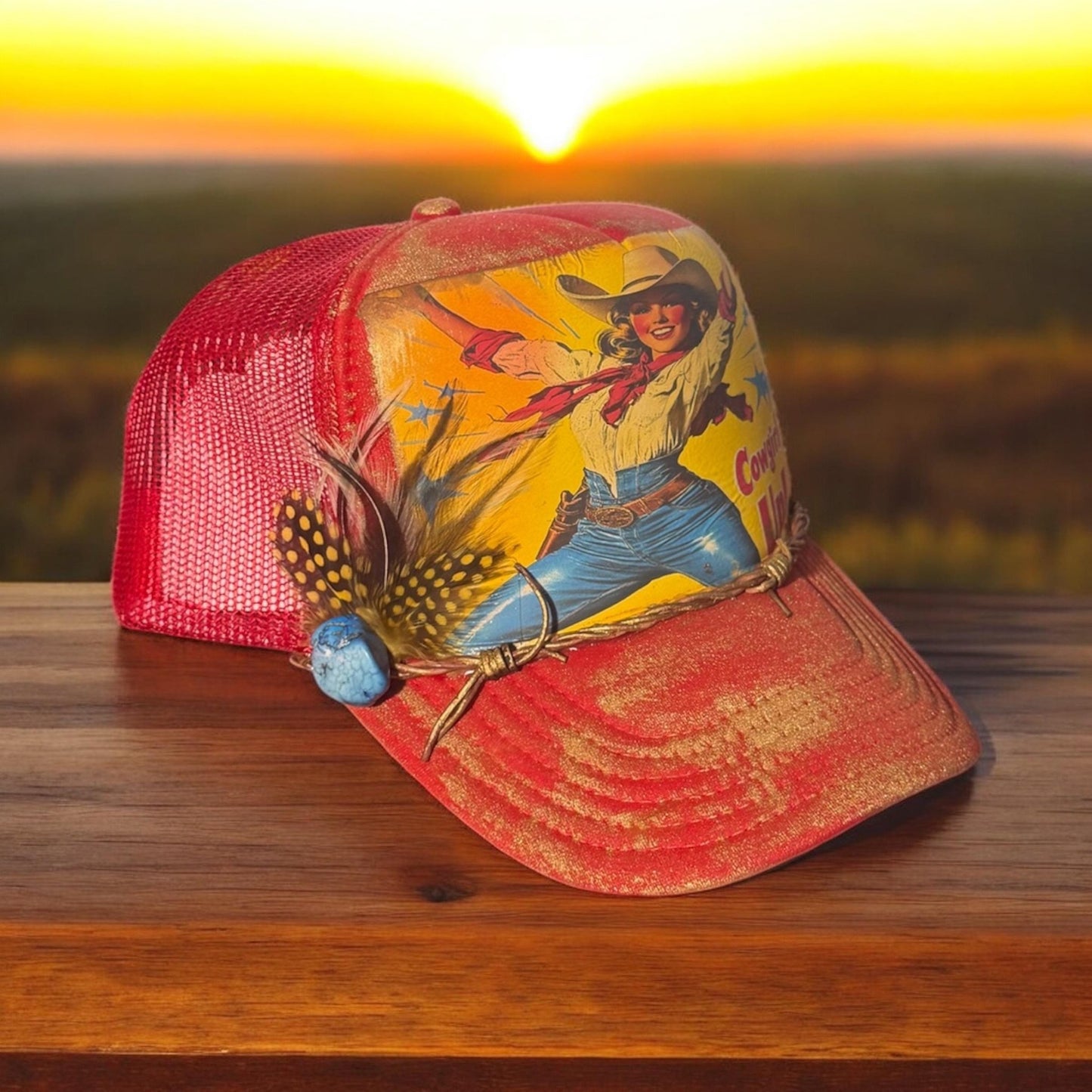 Cowgirl Up! Trucker Hat - Turquoise and Tinsel-Home of Mad Gringa Hat Bar