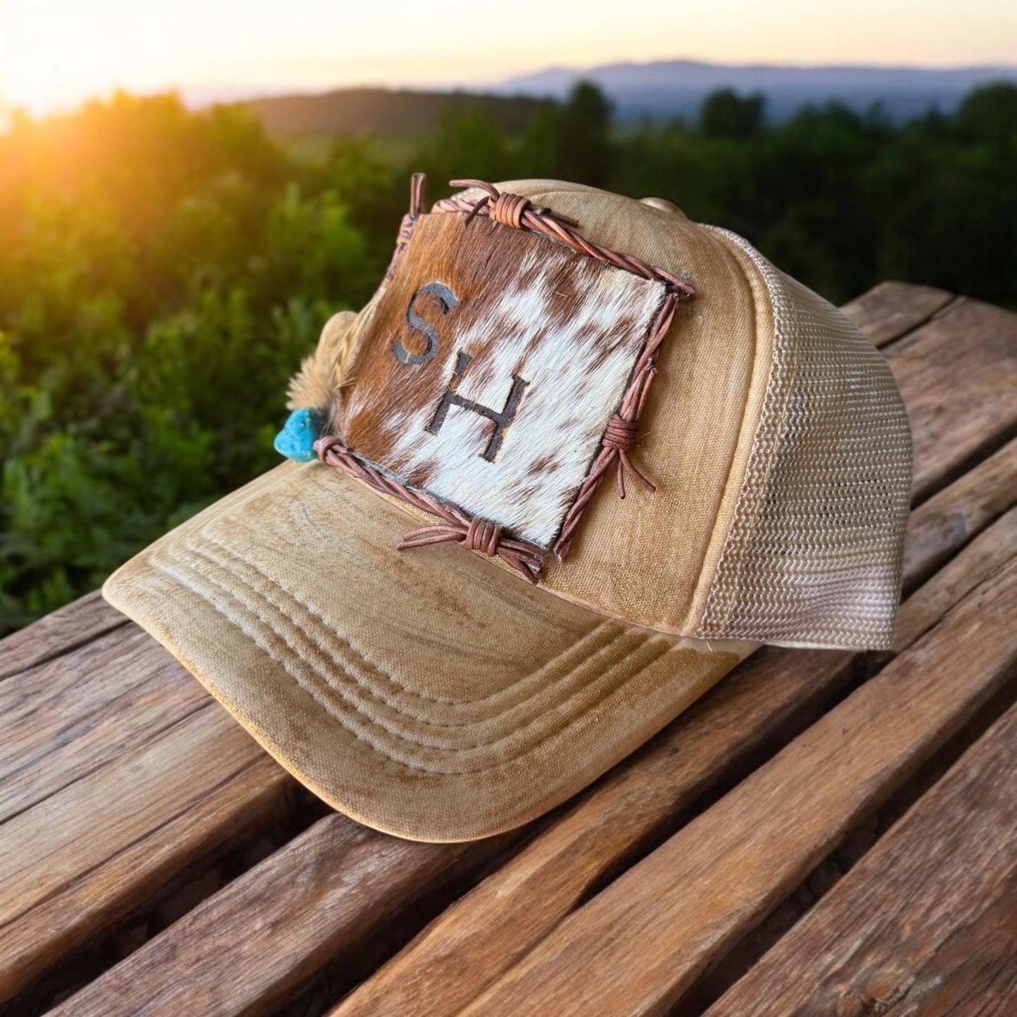 Custom Initial Cowhide Trucker Hat - Turquoise and Tinsel-Home of Mad Gringa Hat Bar