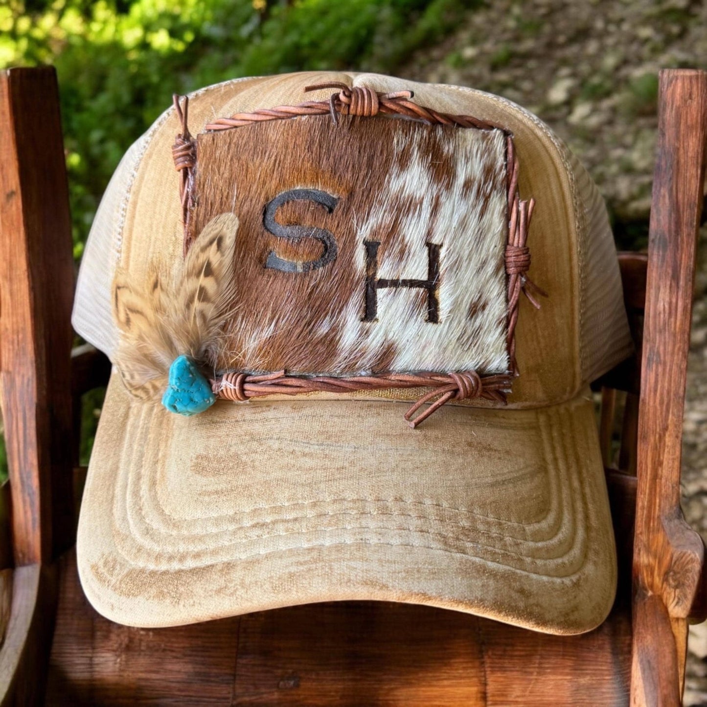 Custom Initial Cowhide Trucker Hat - Turquoise and Tinsel-Home of Mad Gringa Hat Bar
