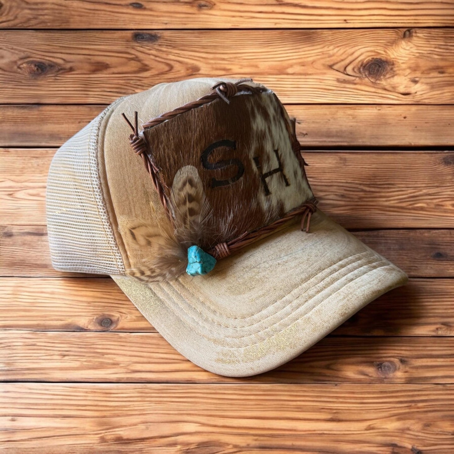 Custom Initial Cowhide Trucker Hat - Turquoise and Tinsel-Home of Mad Gringa Hat Bar