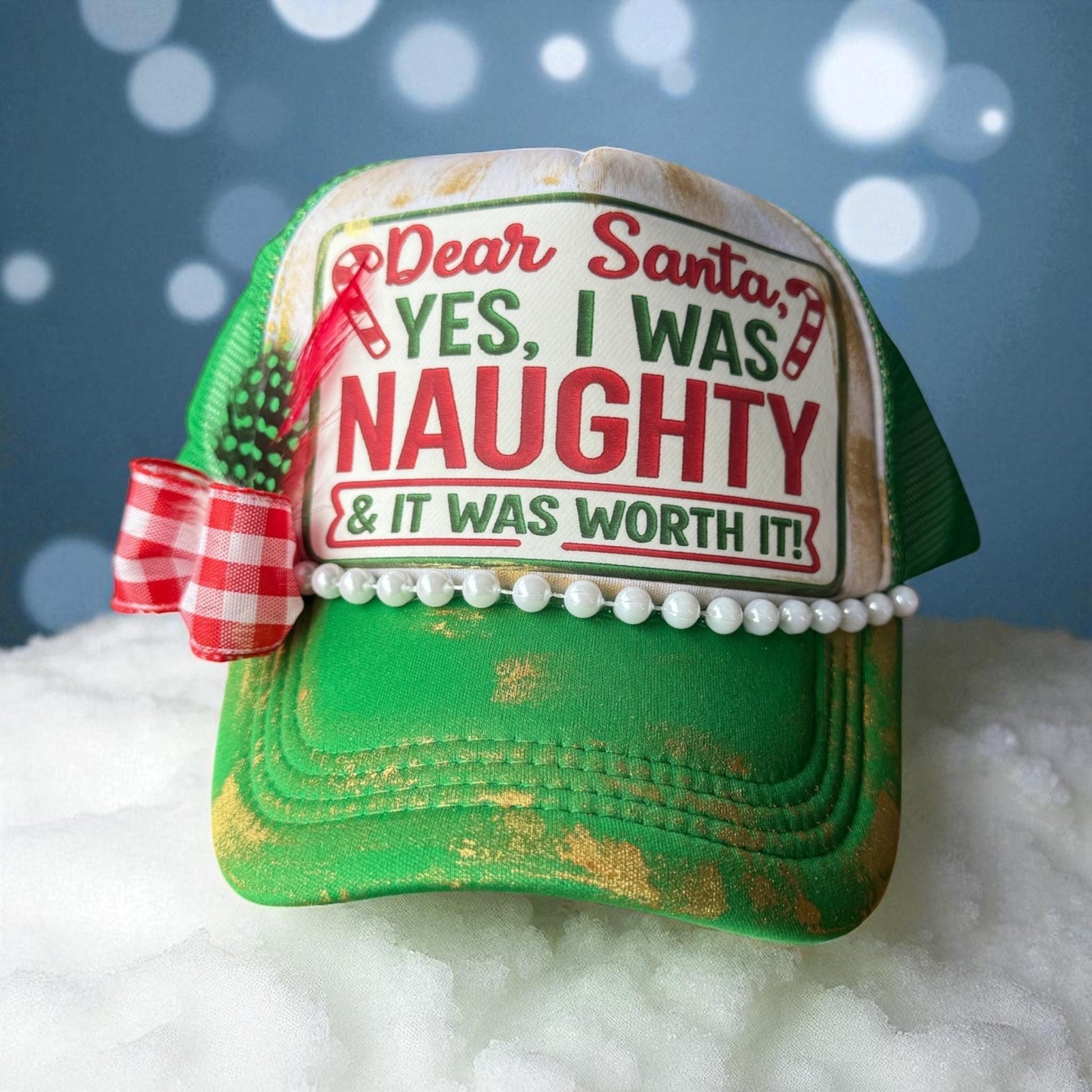 Dear Santa, Yes I Was Naughty Trucker Hat - Turquoise and Tinsel-Home of Mad Gringa Hat Bar