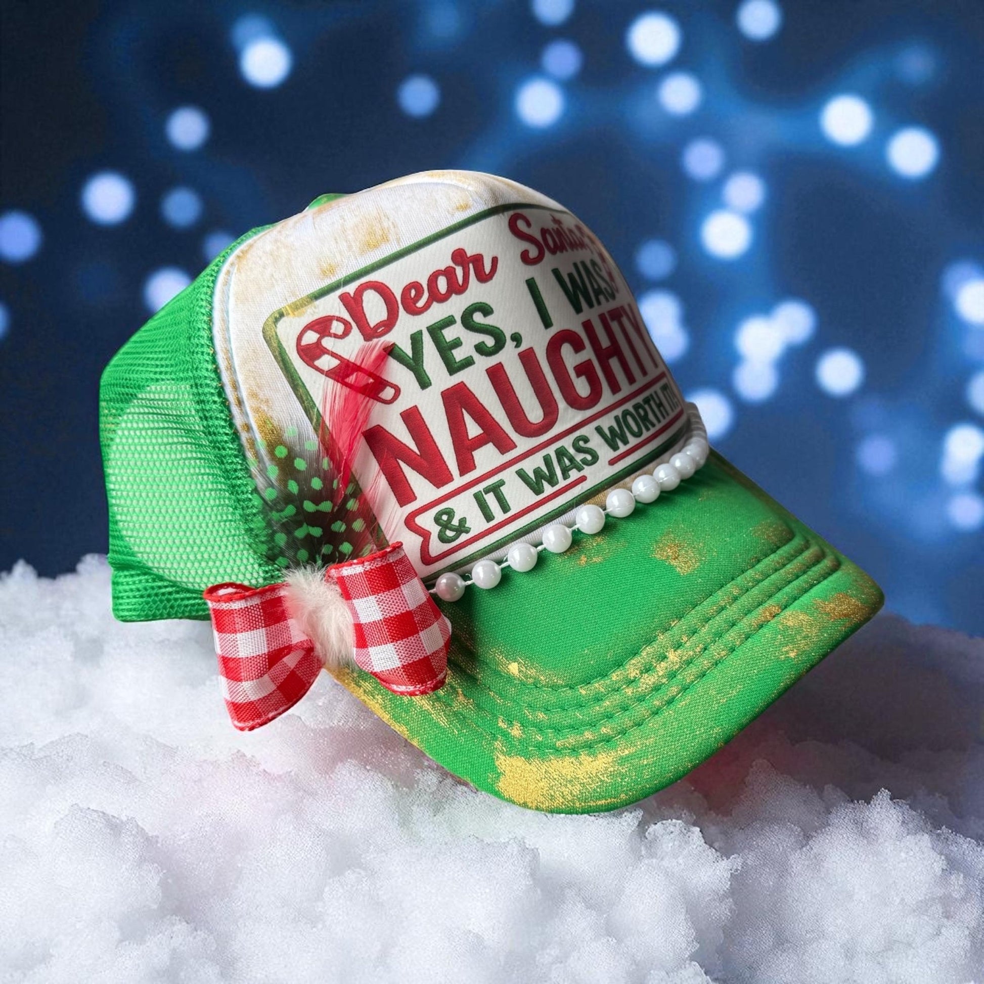 Dear Santa, Yes I Was Naughty Trucker Hat - Turquoise and Tinsel-Home of Mad Gringa Hat Bar