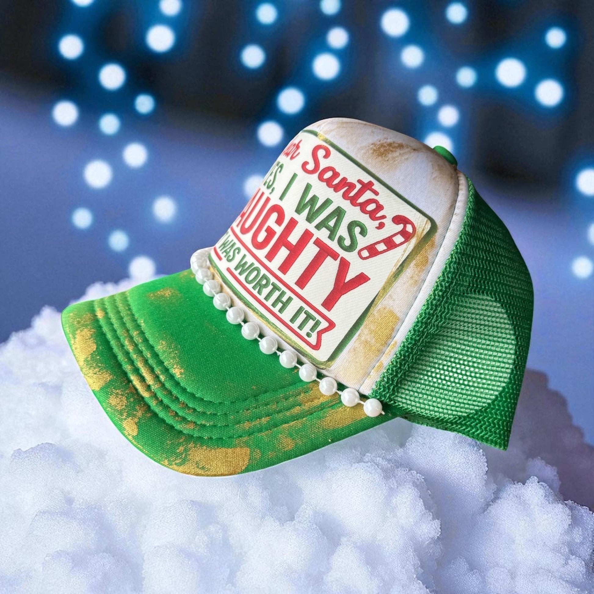 Dear Santa, Yes I Was Naughty Trucker Hat - Turquoise and Tinsel-Home of Mad Gringa Hat Bar
