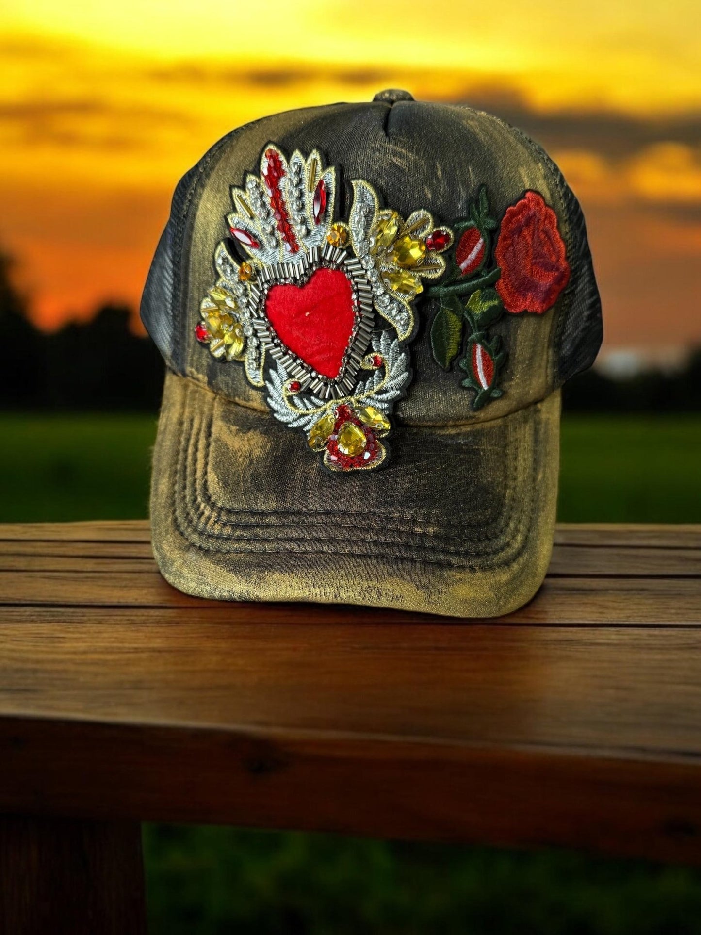 Flaming Heart Trucker Hat - Turquoise and Tinsel-Home of Mad Gringa Hat Bar