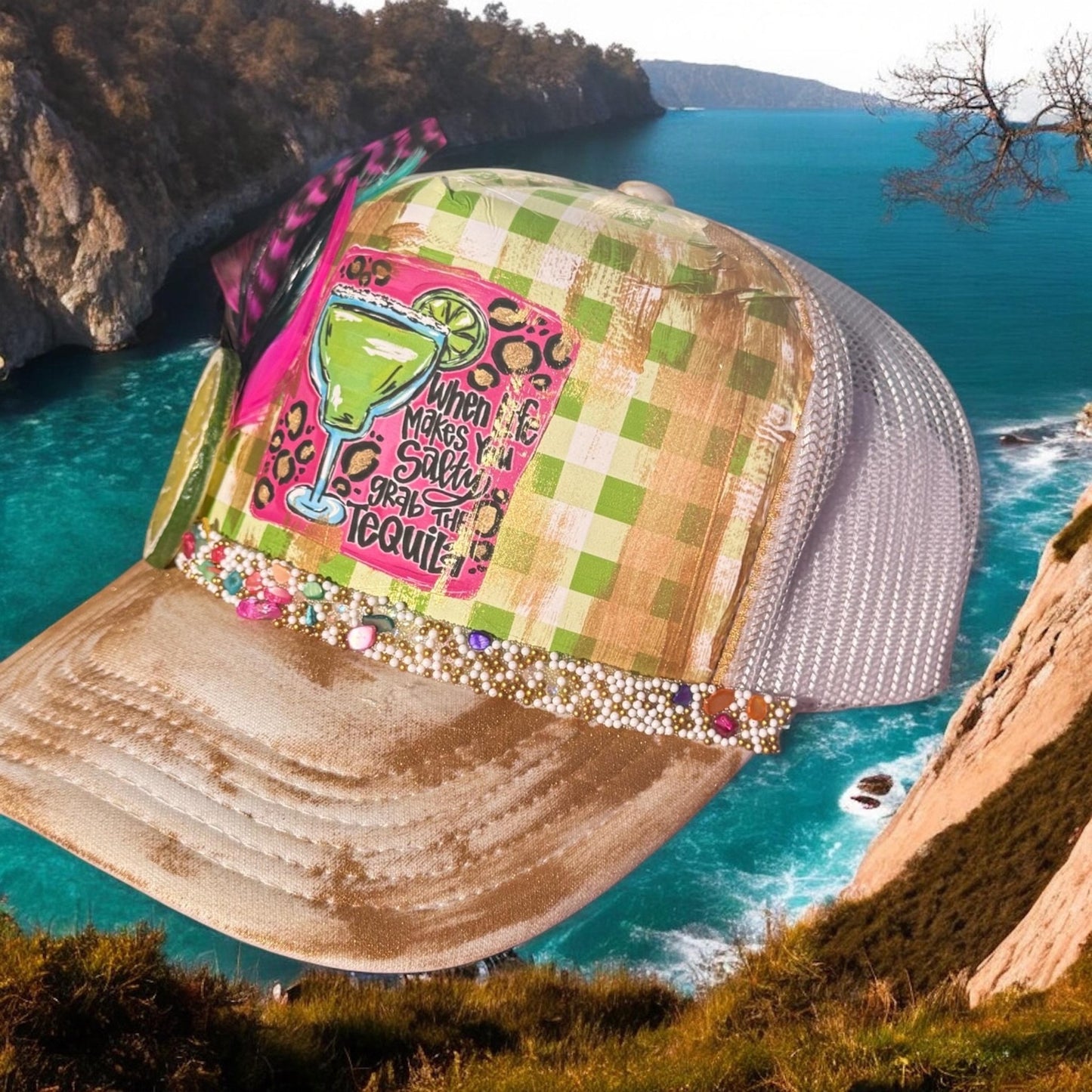 Life Gets Salty Trucker Hat - Turquoise and Tinsel-Home of Mad Gringa Hat Bar