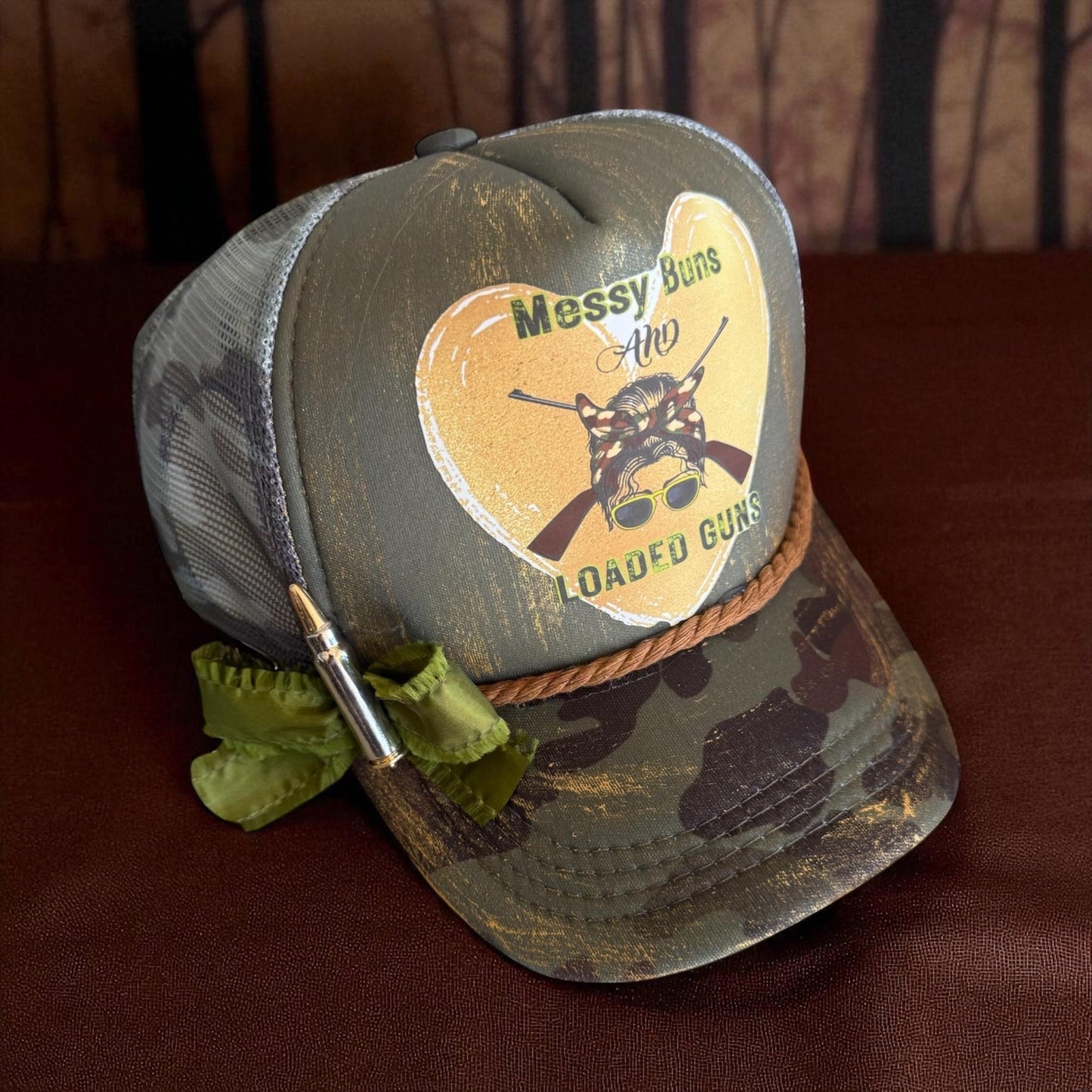 Messy Buns and Loaded Guns Trucker Hat - Turquoise and Tinsel-Home of Mad Gringa Hat Bar
