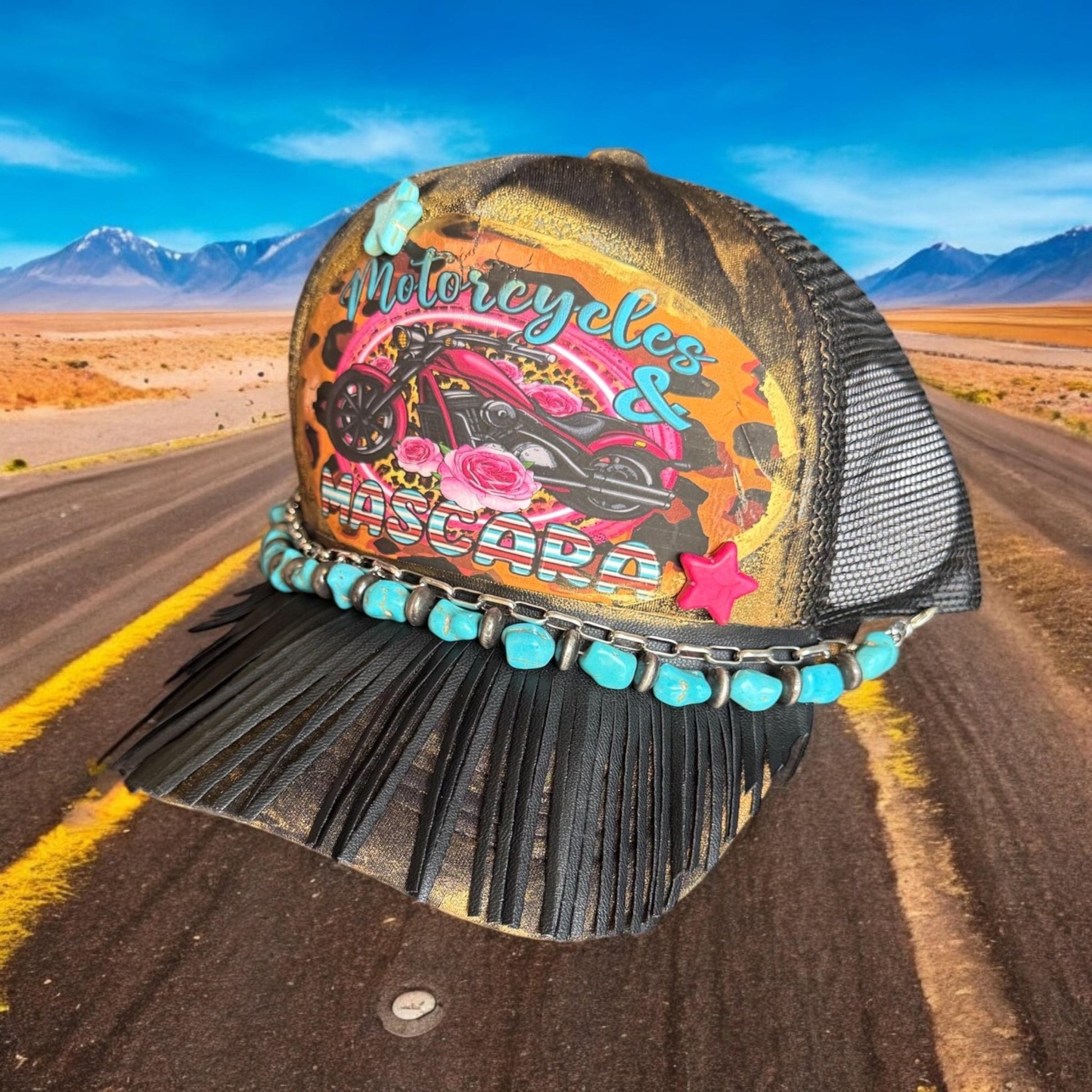 Motorcycles and Mascara Trucker Hat - Turquoise and Tinsel-Home of Mad Gringa Hat Bar