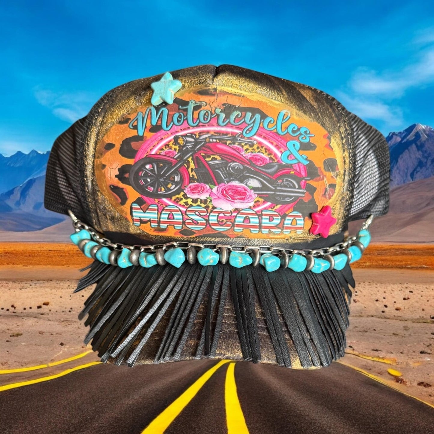 Motorcycles and Mascara Trucker Hat - Turquoise and Tinsel-Home of Mad Gringa Hat Bar