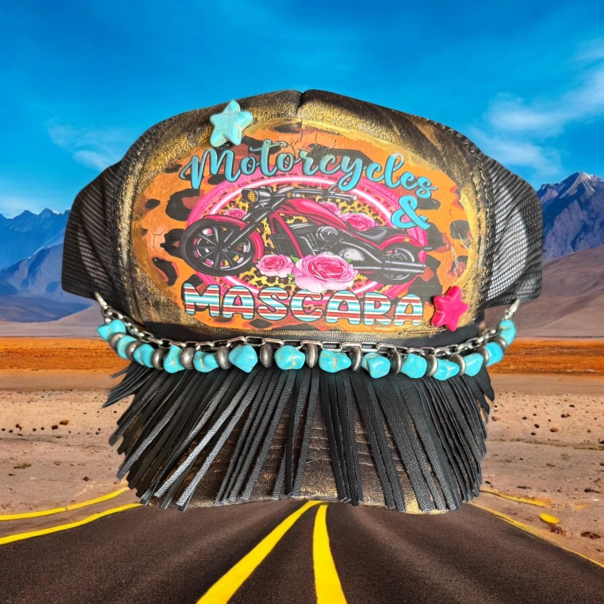 Motorcycles and Mascara Trucker Hat - Turquoise and Tinsel-Home of Mad Gringa Hat Bar
