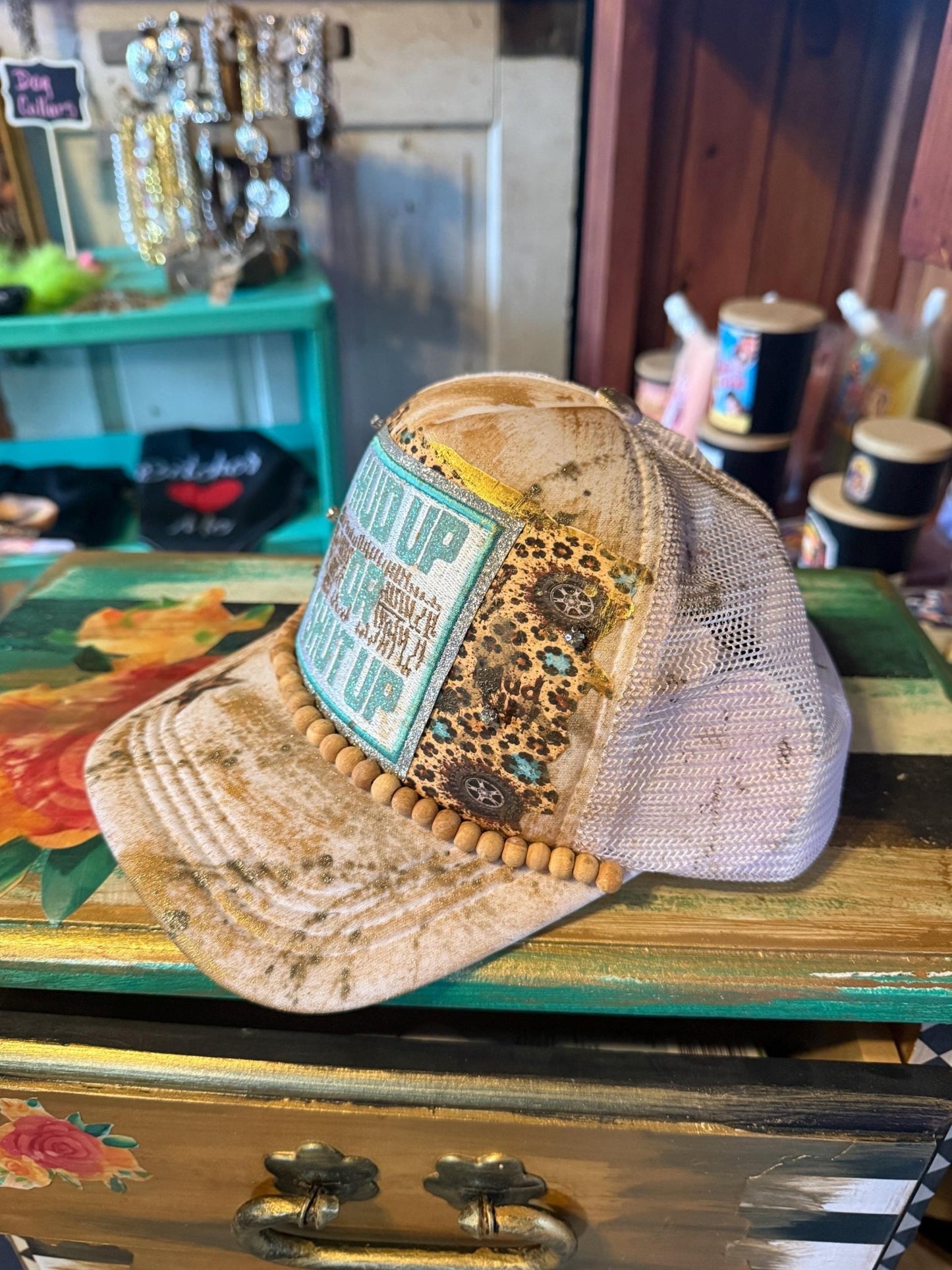 Mud Up, Or Shutup Trucker Hat - Turquoise and Tinsel-Home of Mad Gringa Hat Bar