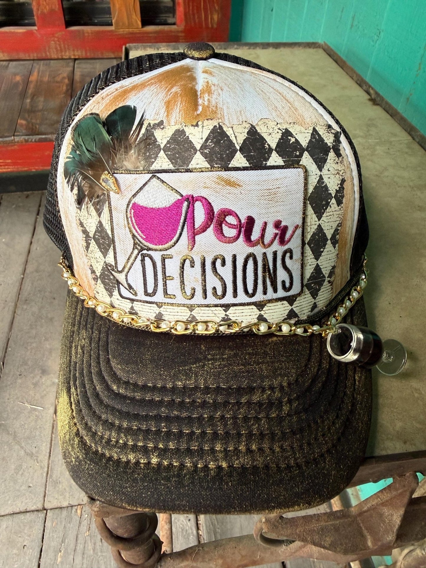 Pour Decisions Trucker Hat - Turquoise and Tinsel-Home of Mad Gringa Hat Bar