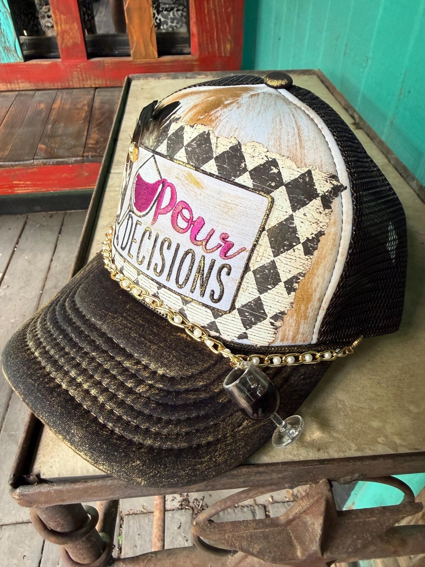 Pour Decisions Trucker Hat - Turquoise and Tinsel-Home of Mad Gringa Hat Bar