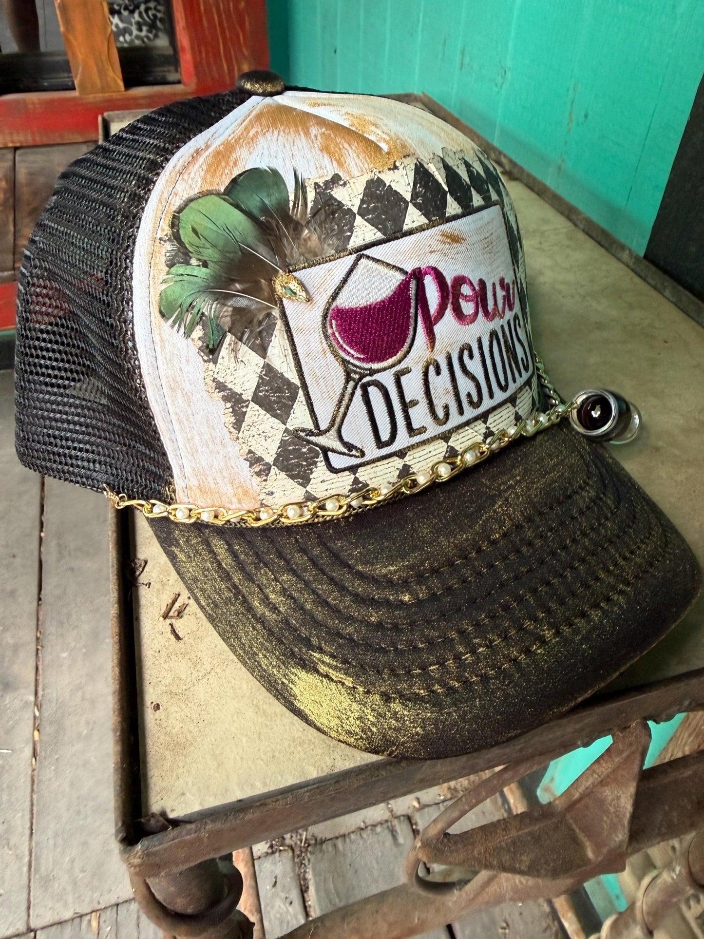 Pour Decisions Trucker Hat - Turquoise and Tinsel-Home of Mad Gringa Hat Bar