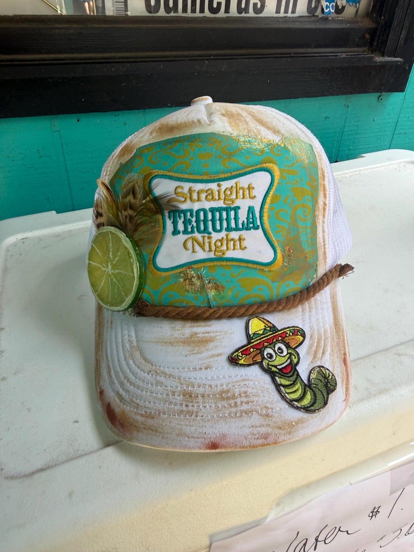 Straight Tequila Night Trucker Hat - Turquoise and Tinsel-Home of Mad Gringa Hat Bar