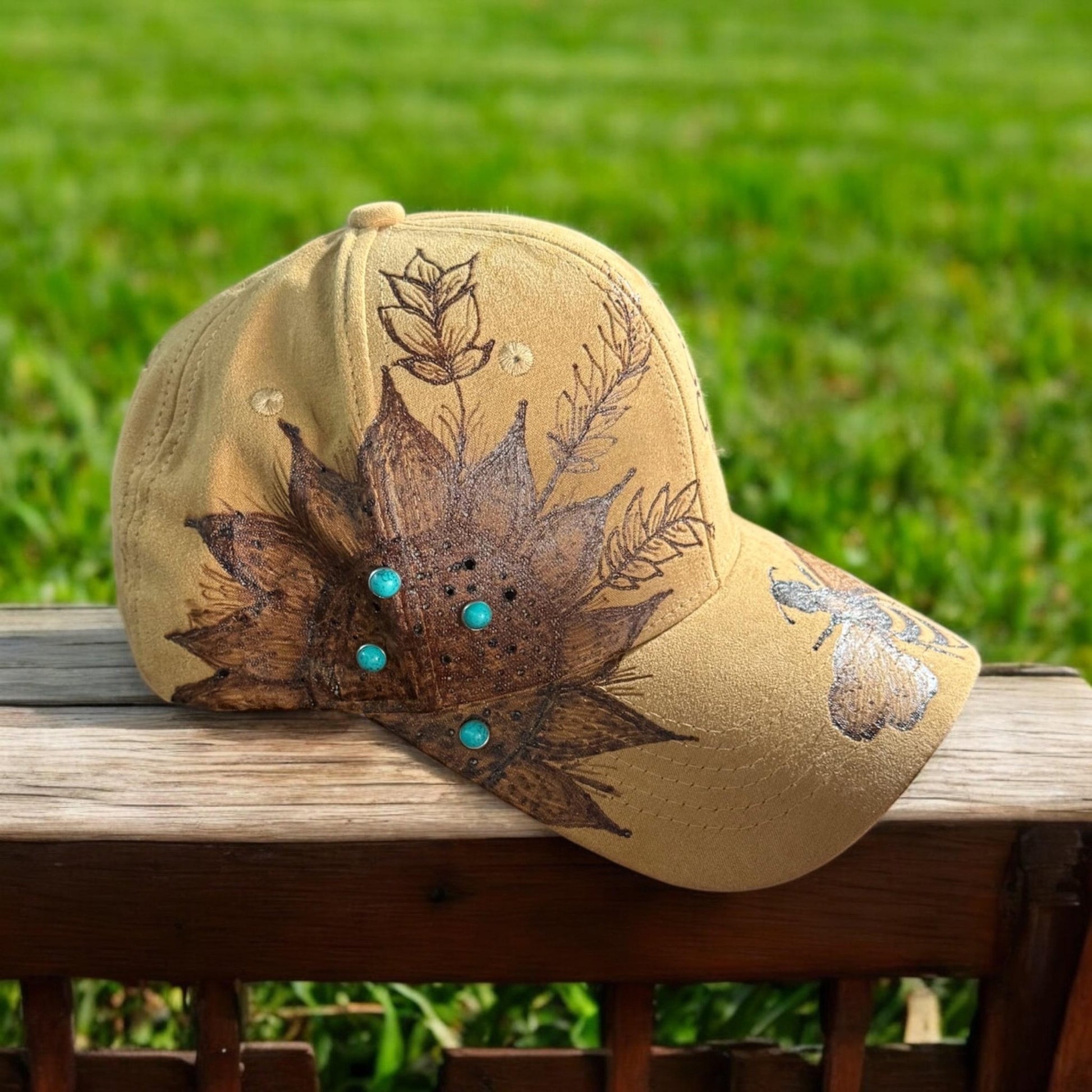 Sunflower Bee Suede Burned Hat - Turquoise and Tinsel-Home of Mad Gringa Hat Bar