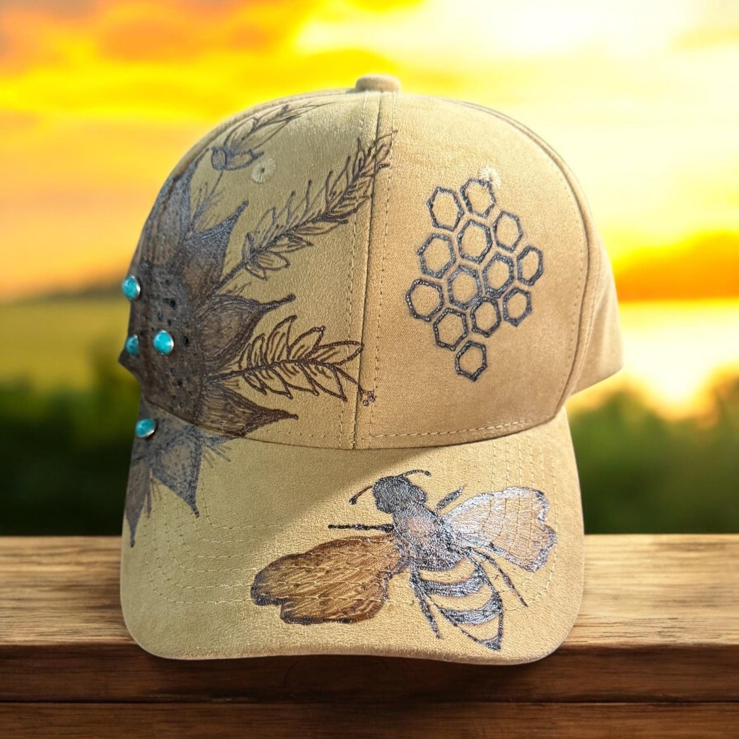 Sunflower Bee Suede Burned Hat - Turquoise and Tinsel-Home of Mad Gringa Hat Bar