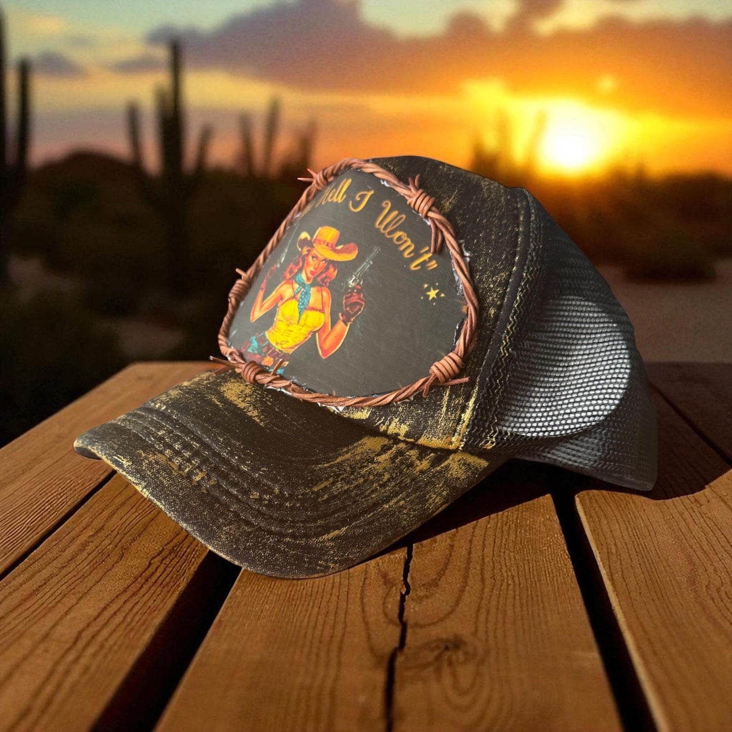 The Hell I Won’t Trucker Hat - Turquoise and Tinsel-Home of Mad Gringa Hat Bar