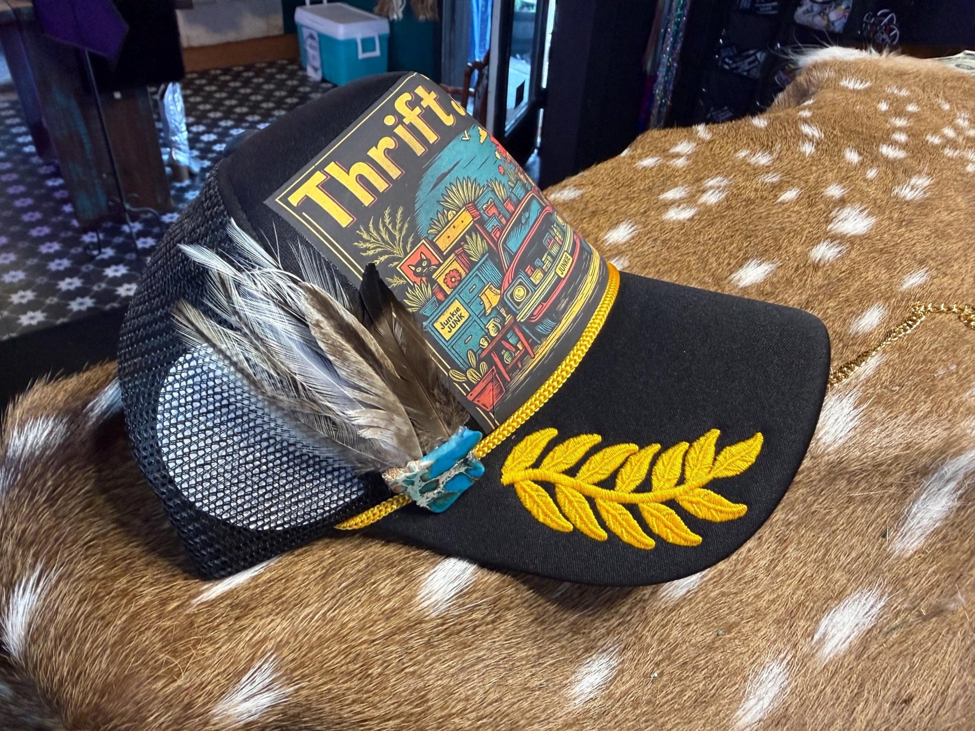 Thrift Store Junkie Trucker Hat - Turquoise and Tinsel-Home of Mad Gringa Hat Bar