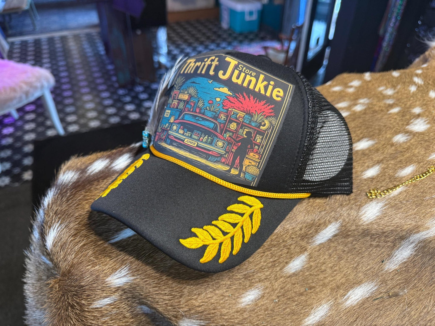 Thrift Store Junkie Trucker Hat - Turquoise and Tinsel-Home of Mad Gringa Hat Bar