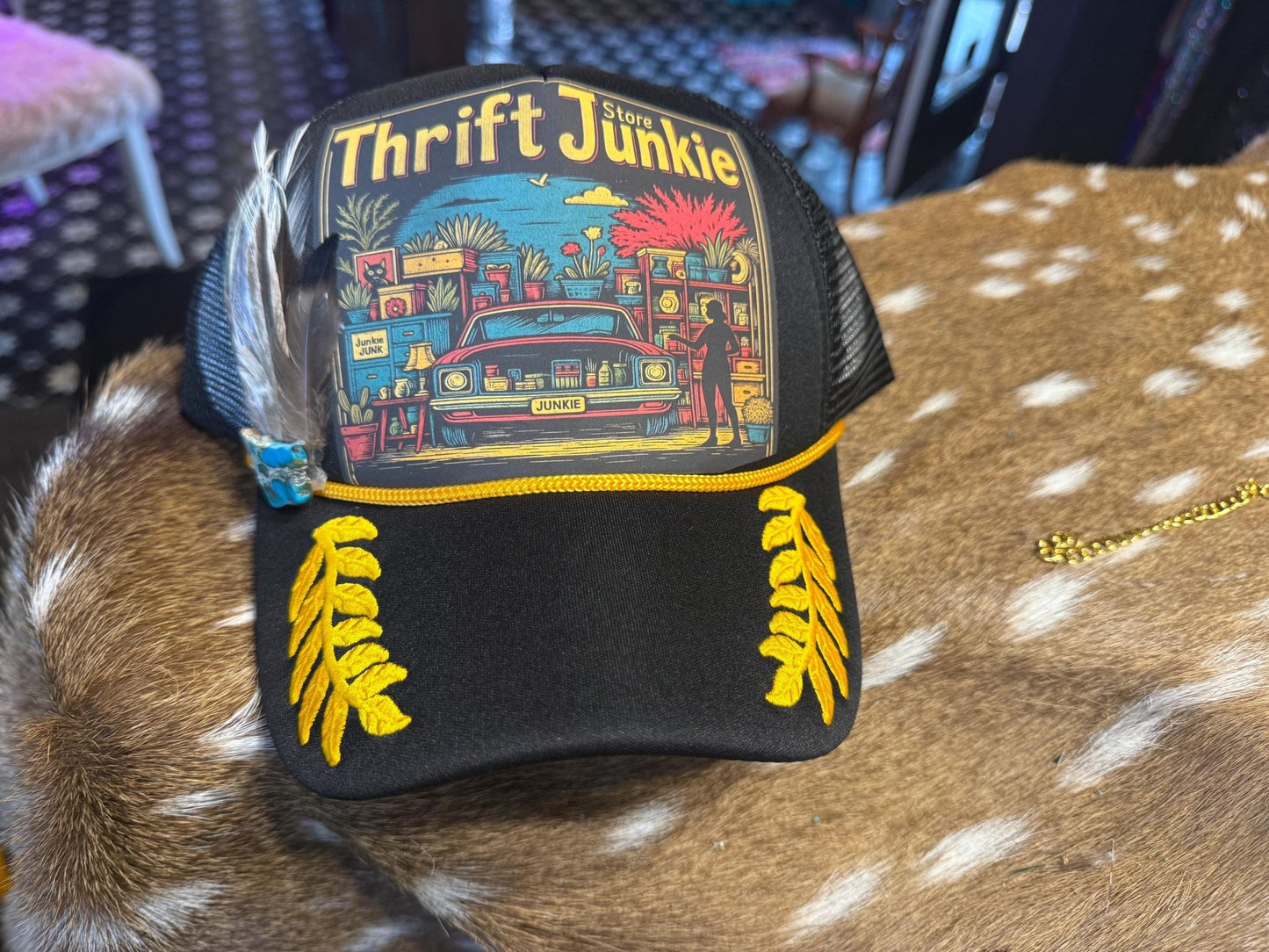 Thrift Store Junkie Trucker Hat - Turquoise and Tinsel-Home of Mad Gringa Hat Bar