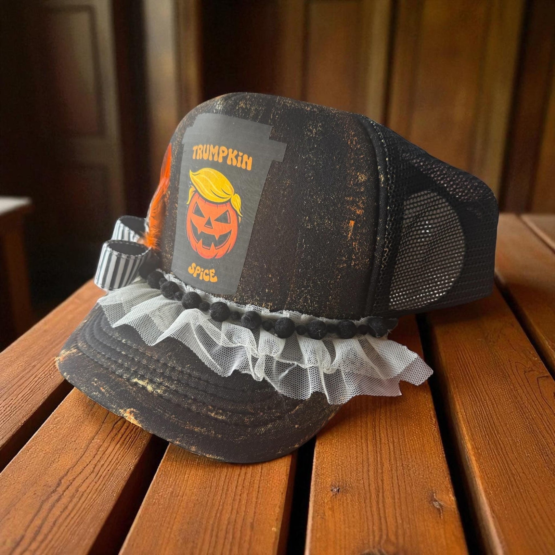 Trumpkin Spice Trucker Hat - Turquoise and Tinsel-Home of Mad Gringa Hat Bar