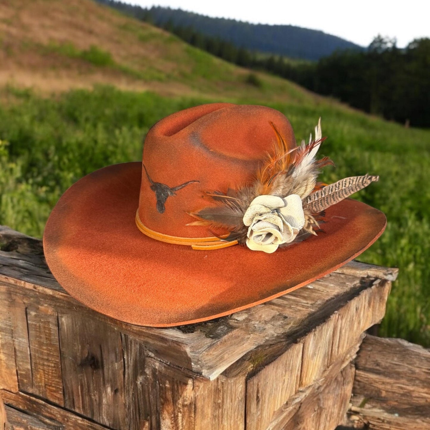 UT Longhorn Burned Cowboy Hat and Fascinator - Turquoise and Tinsel-Home of Mad Gringa Hat Bar